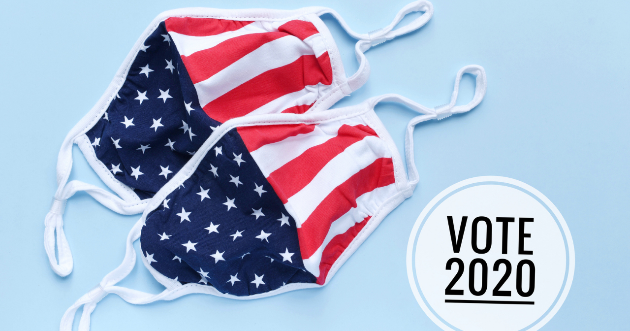 Two face masks with the American flag printed on them and a button that reads, "Vote 2020"