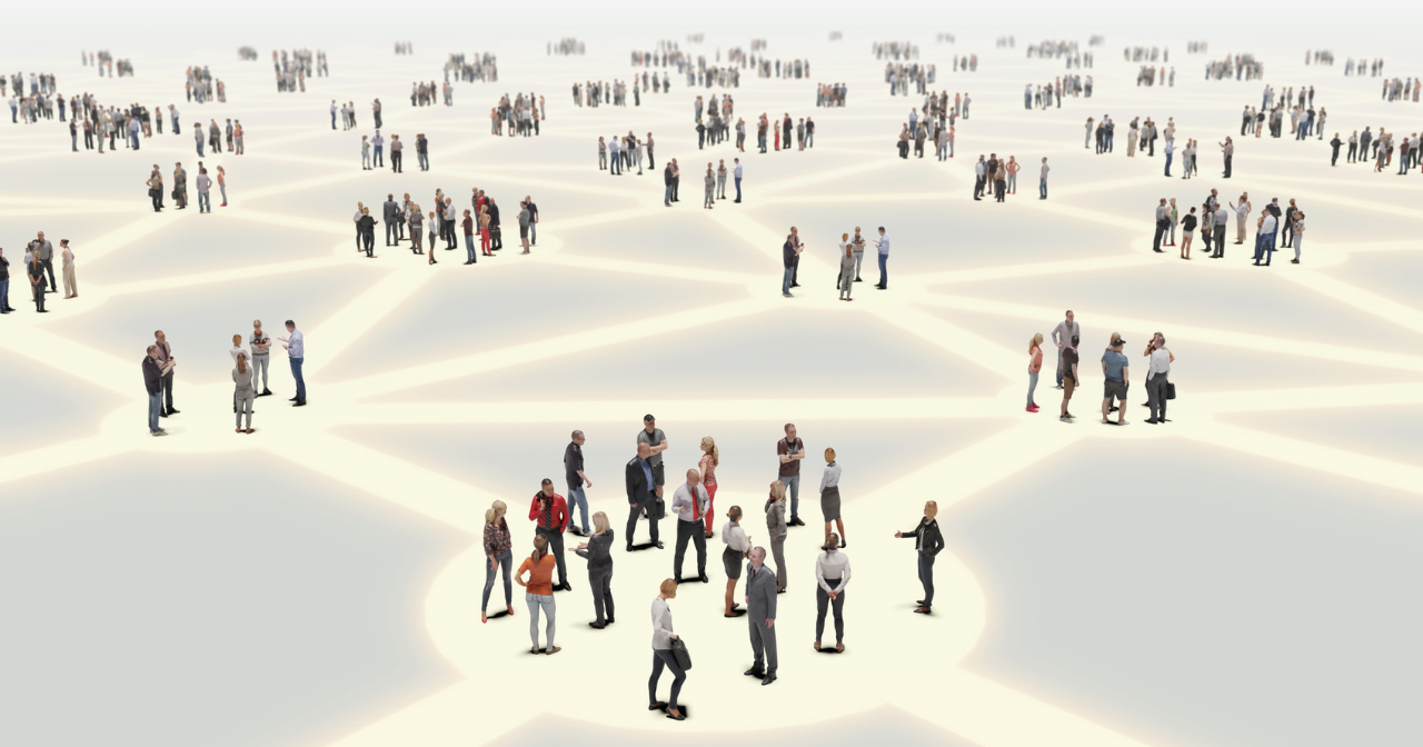 A illustration of nodes of people standing apart from one another. 