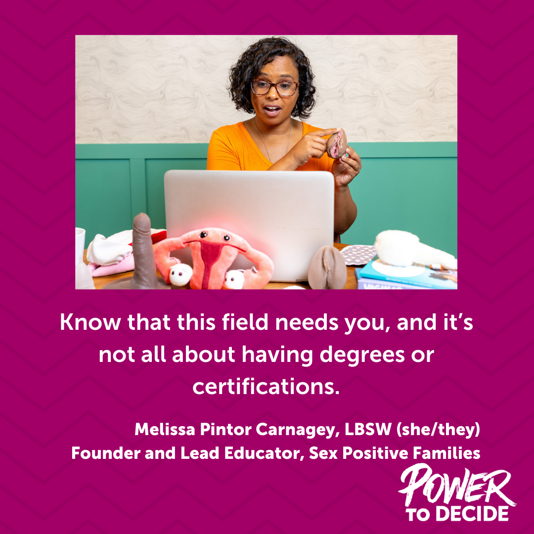 A photo of Melissa Pintor Carnagey at work and a quote from the interview, "Know that this field needs you, and it's not all about having degrees or certifications."