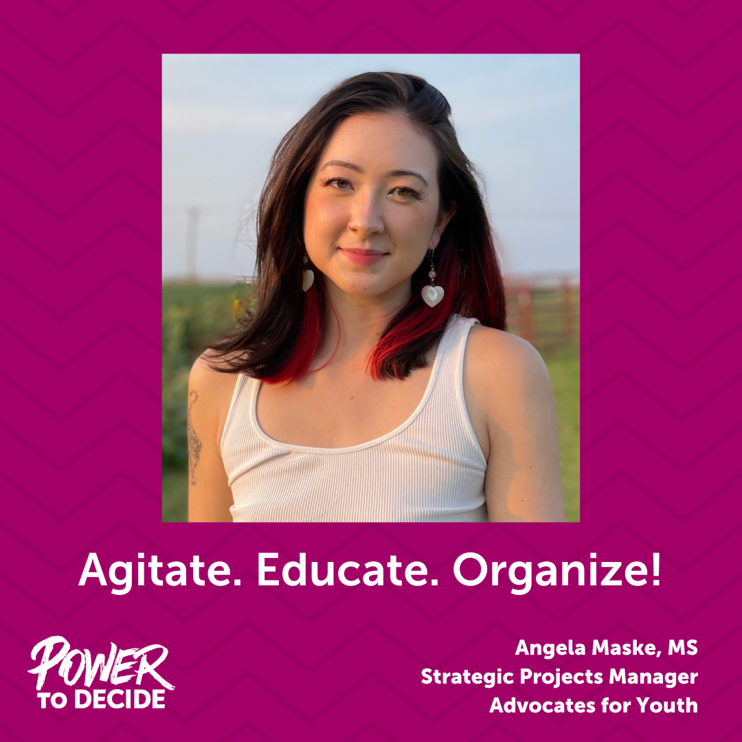 A photo of Maske and a quote from the interview, "Agitate. Educate. Organize!"