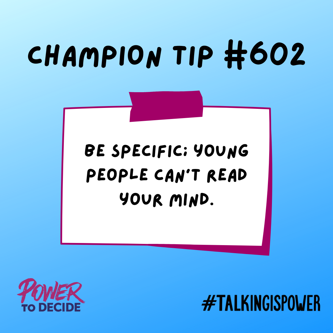 A graphic of a post-it with a champion tip, "Be specific: young people can't read your mind.."