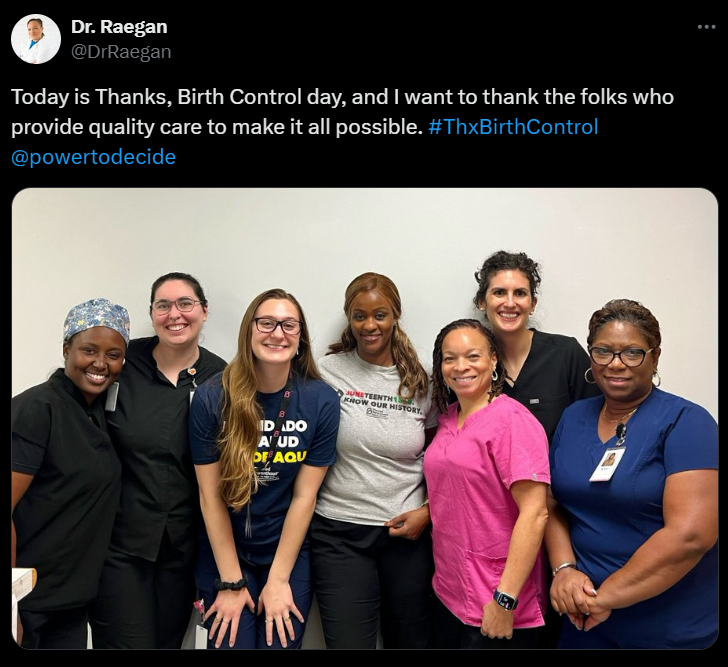 A screenshot of an X post by user @DrRaegan saying #ThxBirthControl.