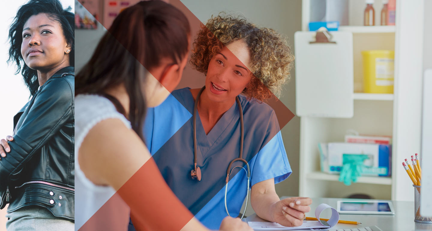 A photo of a woman with her arms crossed next to a photo of a provider working with a patient
