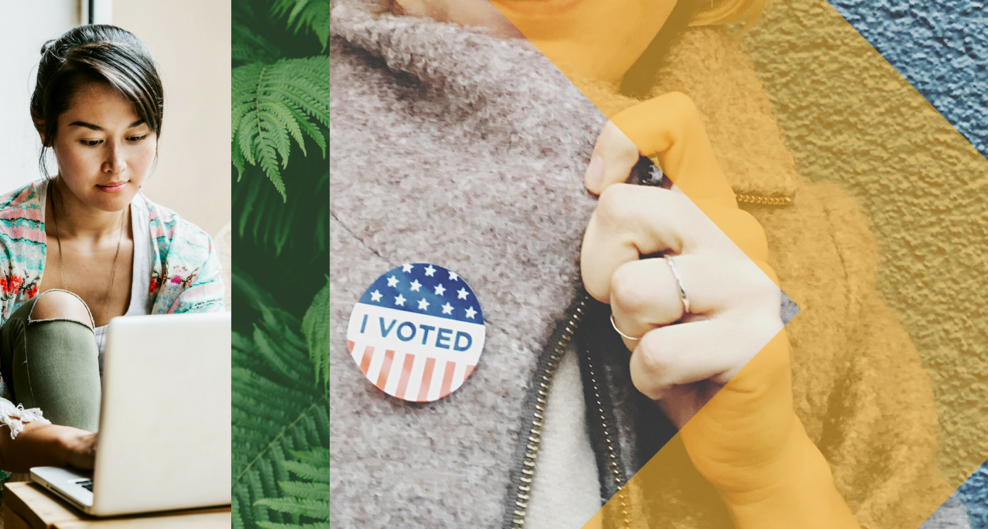 An image of a woman on the computer and a woman with an "i voted" sticker