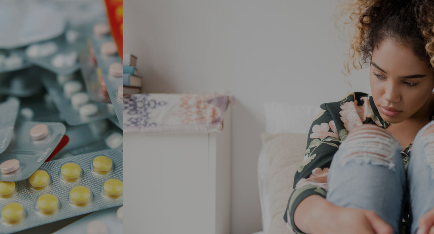 a picture of a bunch of birth control pill packs and a woman looking worried