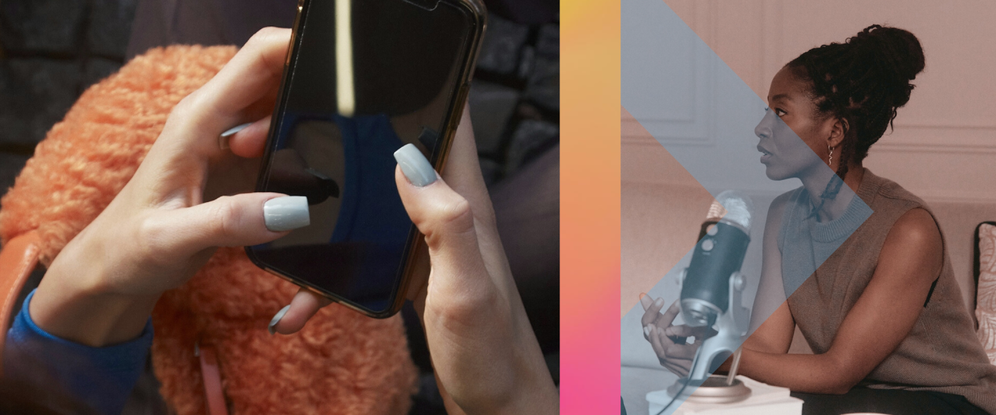 close up of someone using cellphone, to the right a black woman speaking online