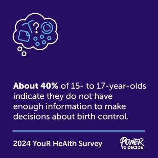 A graphic that reads, "About 40% of 15- to 17-year-olds indicate they do not have enough information to make decisions about birth control."