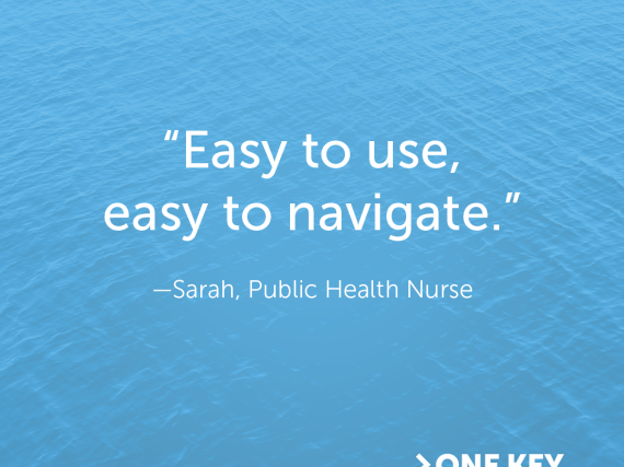 A calming blue background with a quote from a One Key Question Online user that says, "Easy to use, easy to navigate."