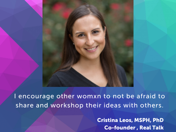 A photo of Leos and a quote from the interview, "I encourage other womxn to not be afraid to share and workshop their ideas with others."