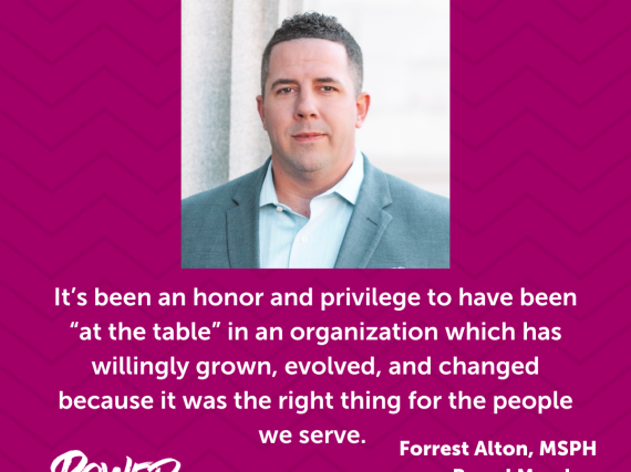A photo of Alton and a quote from the interview, "It's been an honor and privilege to have been "at the table" in an organization which has willingly grown, evolved, and changed because it was the right thing for the people we serve."