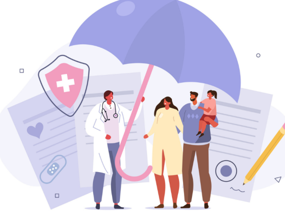 A drawing of a doctor holding an umbrella over a family with medical bills and paperwork looming behind them. 