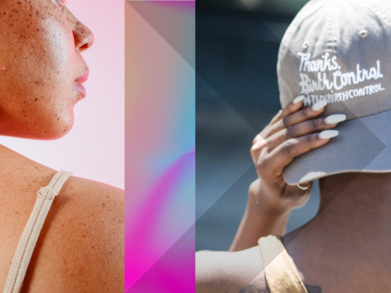 An image of a contemplative woman next to a woman in a hat that says, "Thanks, Birth Control."
