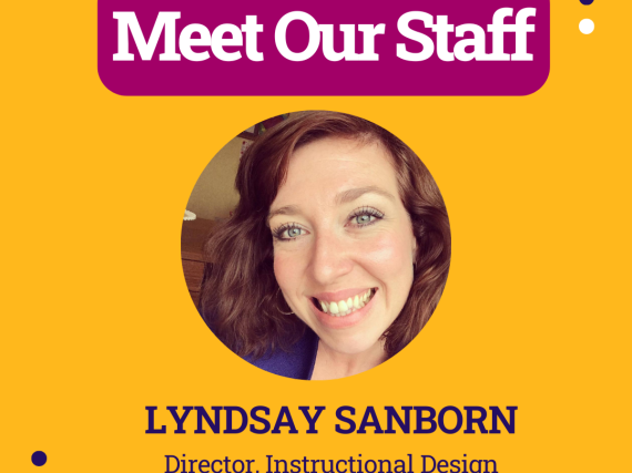 A promotional image for a staff profile featuring Lyndsay Sanborn, Director, Instructional Design at Power to Decide.